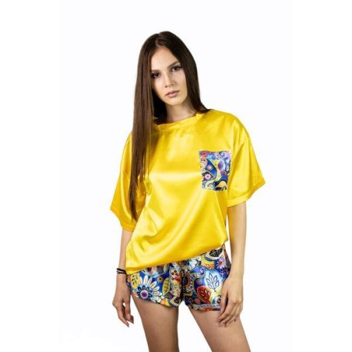 Pijama dama din satin Tinco Boutique, culoare galben sidefat, 2 piese, marime M/L