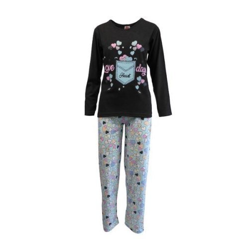 Pijama dama, Univers Fashion, bluza gri antracit cu imprimeu inimi, pantaloni turcoaz cu imprimeu inimi, XL