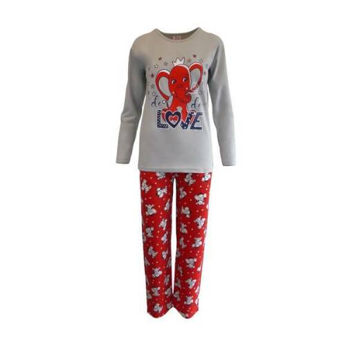 Pijama dama, Univers Fashion, bluza gri cu imprimeu elefant, pantaloni rosu cu imprimeu elefanti, L
