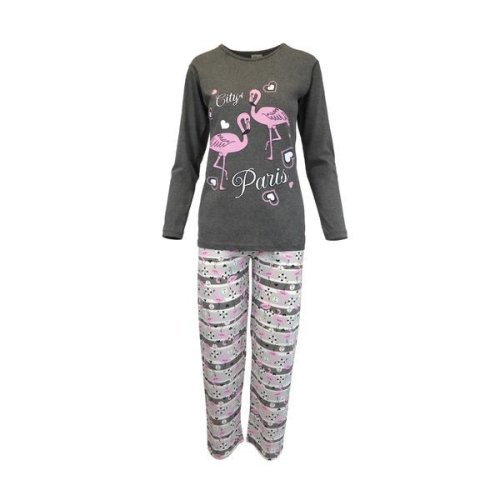 Pijama dama, Univers Fashion, bluza gri inchis cu imprimeu lebede, pantaloni gri cu imprimeu lebede, 2XL