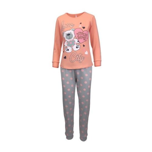 Pijama dama, Univers Fashion, bluza oranj cu imprimeu ursulet si pantaloni gri, L