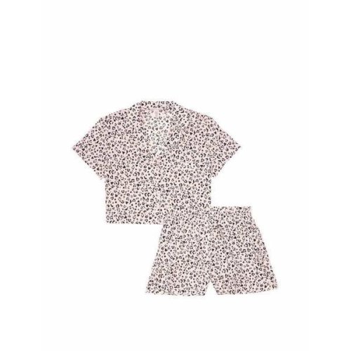 Pijama, Victoria&#039;s Secret, Cotton Cropped Short PJ Set, Pink Black mini Leopard Hearts, Marime L