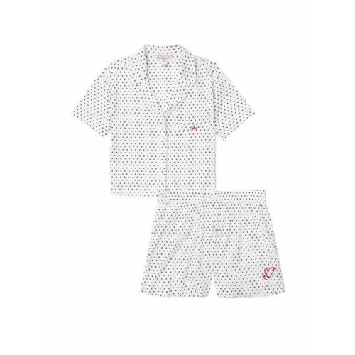 Pijama, Victoria&#039;s Secret, Cotton Cropped Short PJ Set, White Black Dot, Marime S